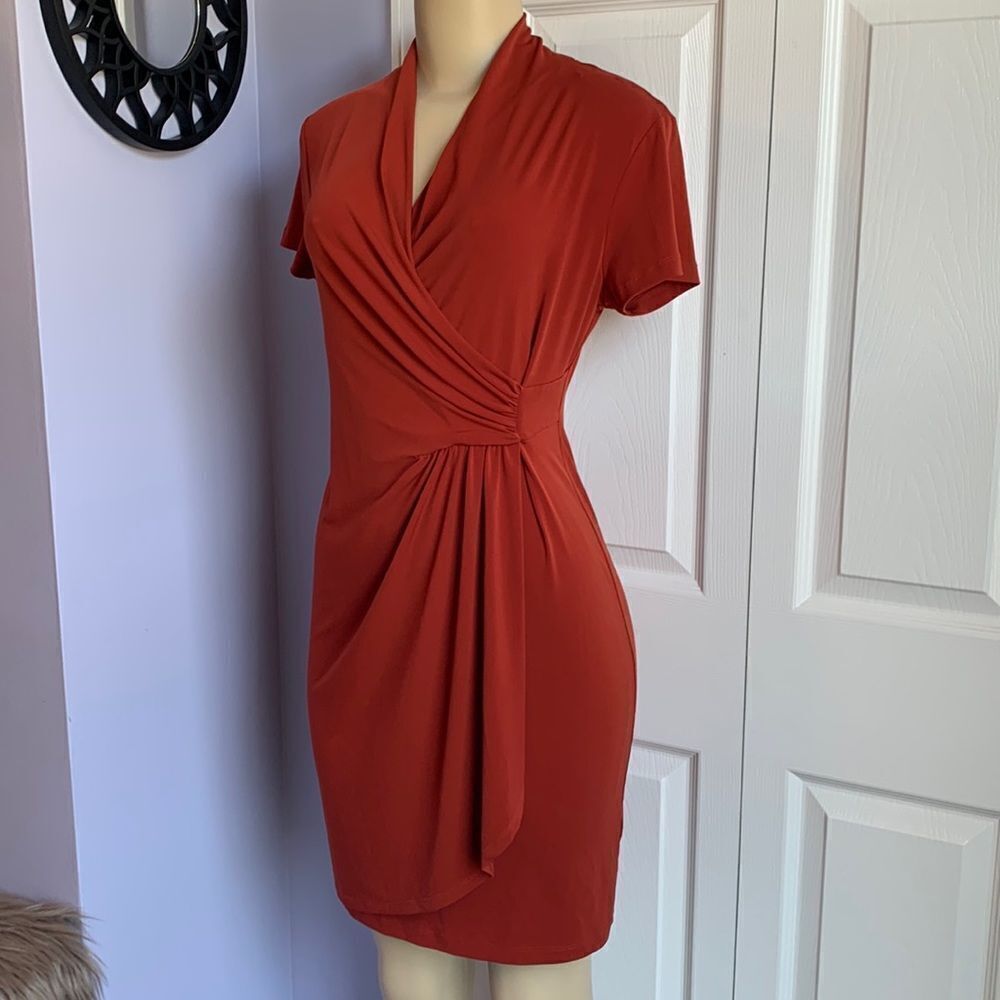 Designer Wrap Ruched Ruched Dress Copper Small Orange
